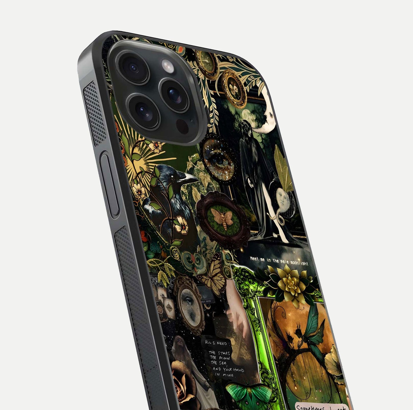 Mystic Woods Secret Glass Case for iPhone 15 Pro close-up angled shot highlighting tree texture and reflection