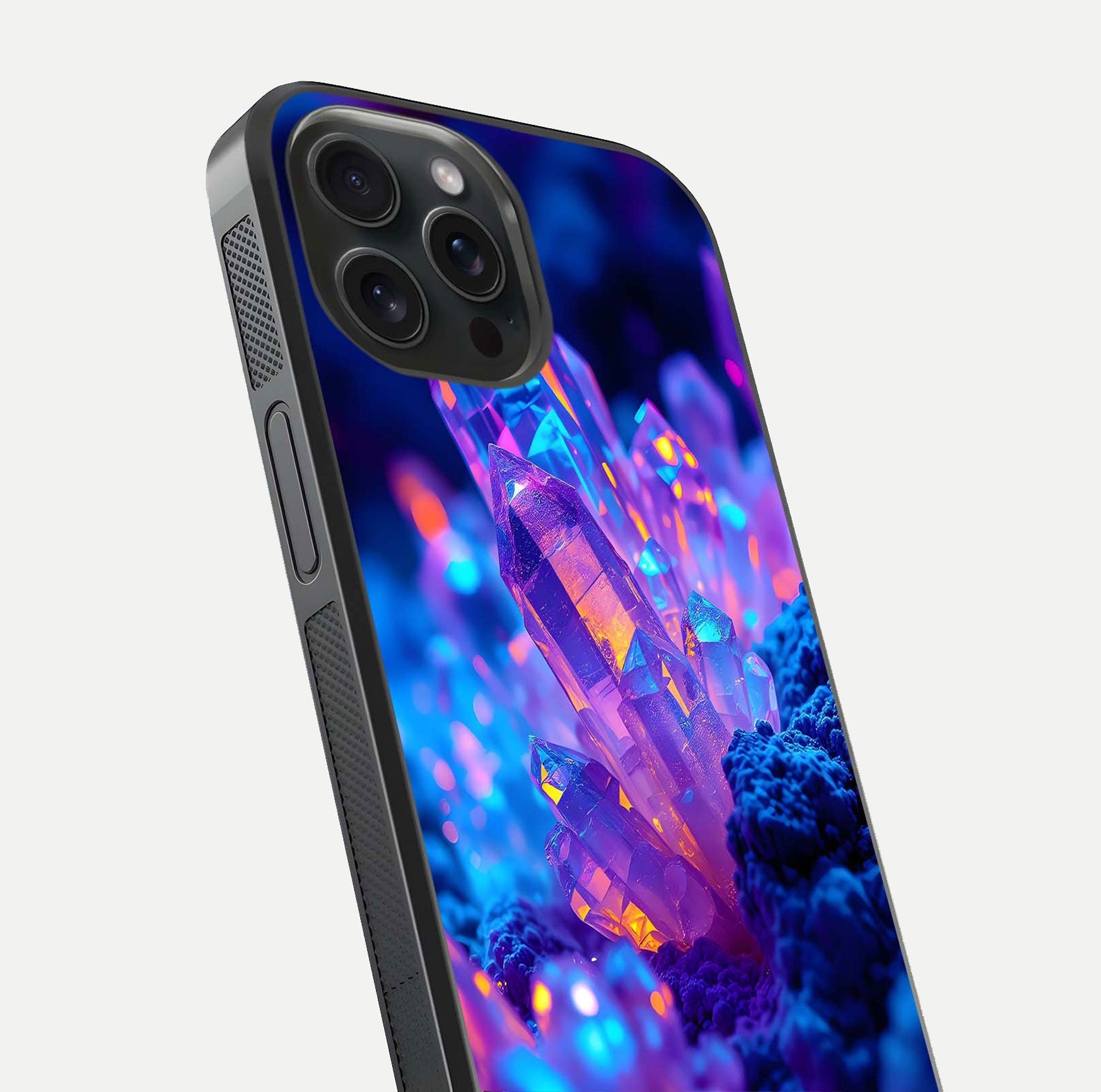 Neon Aura Shards Glass Case for iPhone 15 Pro close-up angled shot highlighting fragment pattern and reflection