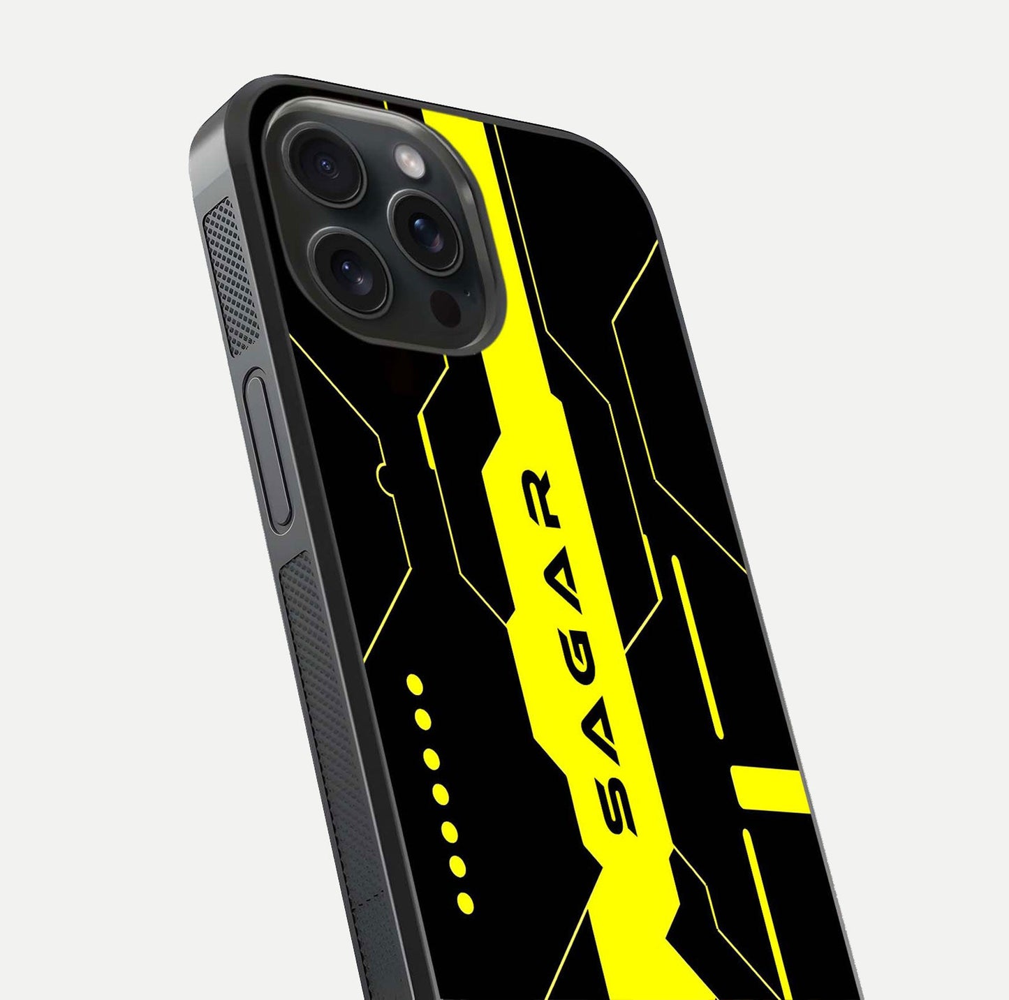 Neon CYBERPUNK Custom Name Glass Case for iPhone 15 Pro close-up angled shot highlighting electric colors and reflection