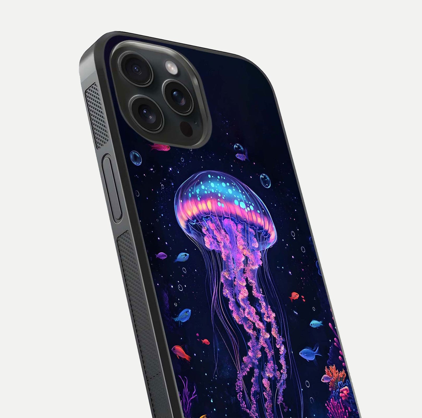 Neon Jellyfish Glass Case for iPhone 15 Pro close-up angled shot showing translucent jellyfish and shine reflection