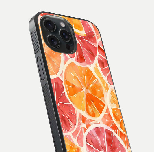 Orange Fruits Pattern Glass Case for iPhone 15 Pro close-up angled shot showing juicy fruit texture and reflection