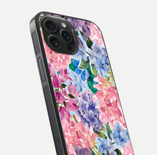Pastel Floral Mix Glass Case for iPhone 15 Pro close-up angled shot highlighting flower detail and reflection