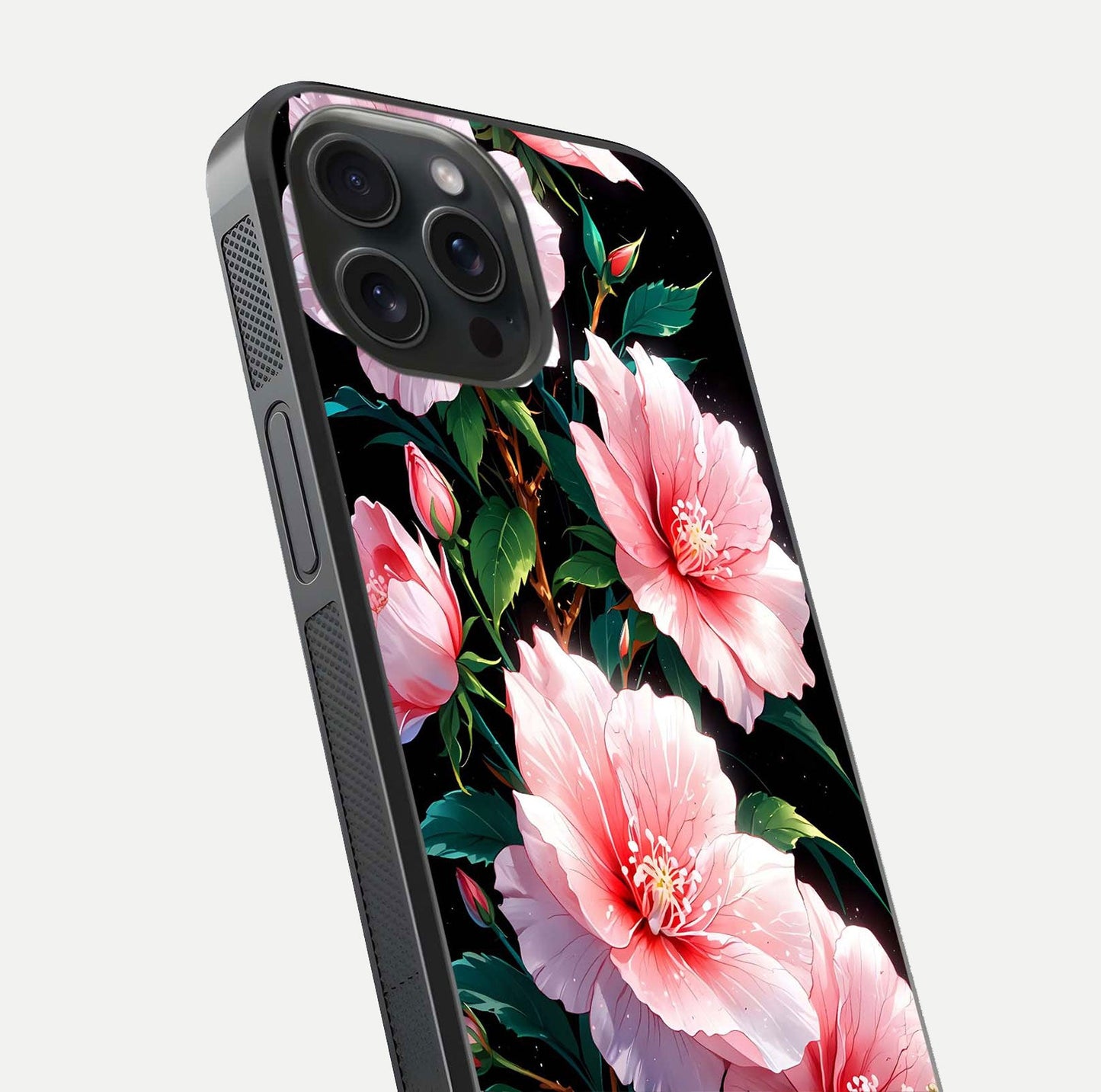 Peach Flower Glass Case for iPhone 15 Pro close-up angled shot highlighting floral petals and HD glass reflection