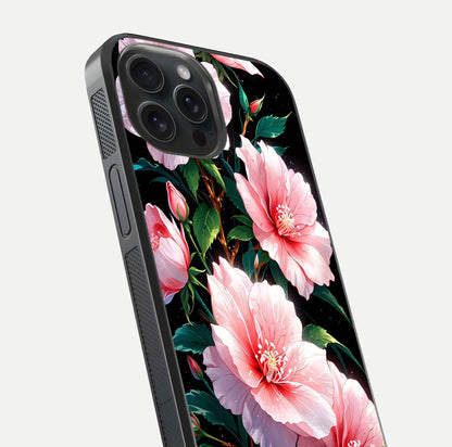 Peach Flower Glass Case for iPhone 15 Pro close-up angled shot highlighting floral petals and HD glass reflection