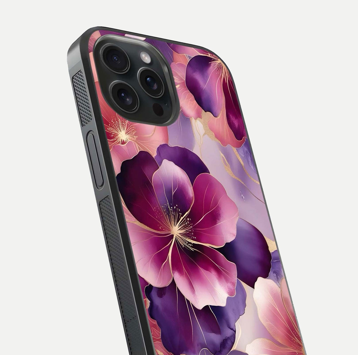 Pink Bouquet Florals Glass Case for iPhone 15 Pro close-up angled shot showing bouquet details and reflection