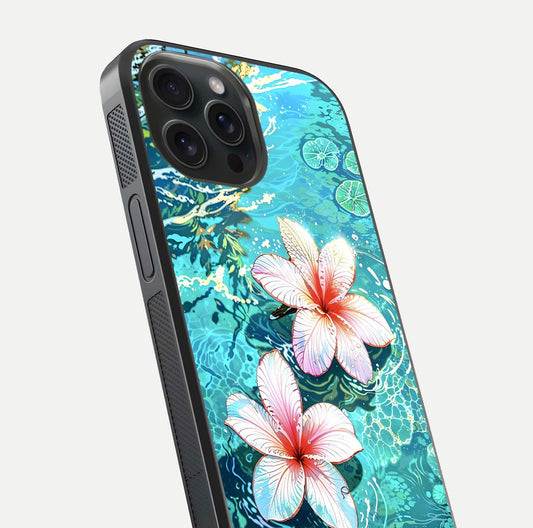 Pink Flowers in Water Glass Case for iPhone 15 Pro close-up angled shot highlighting water ripple and reflection