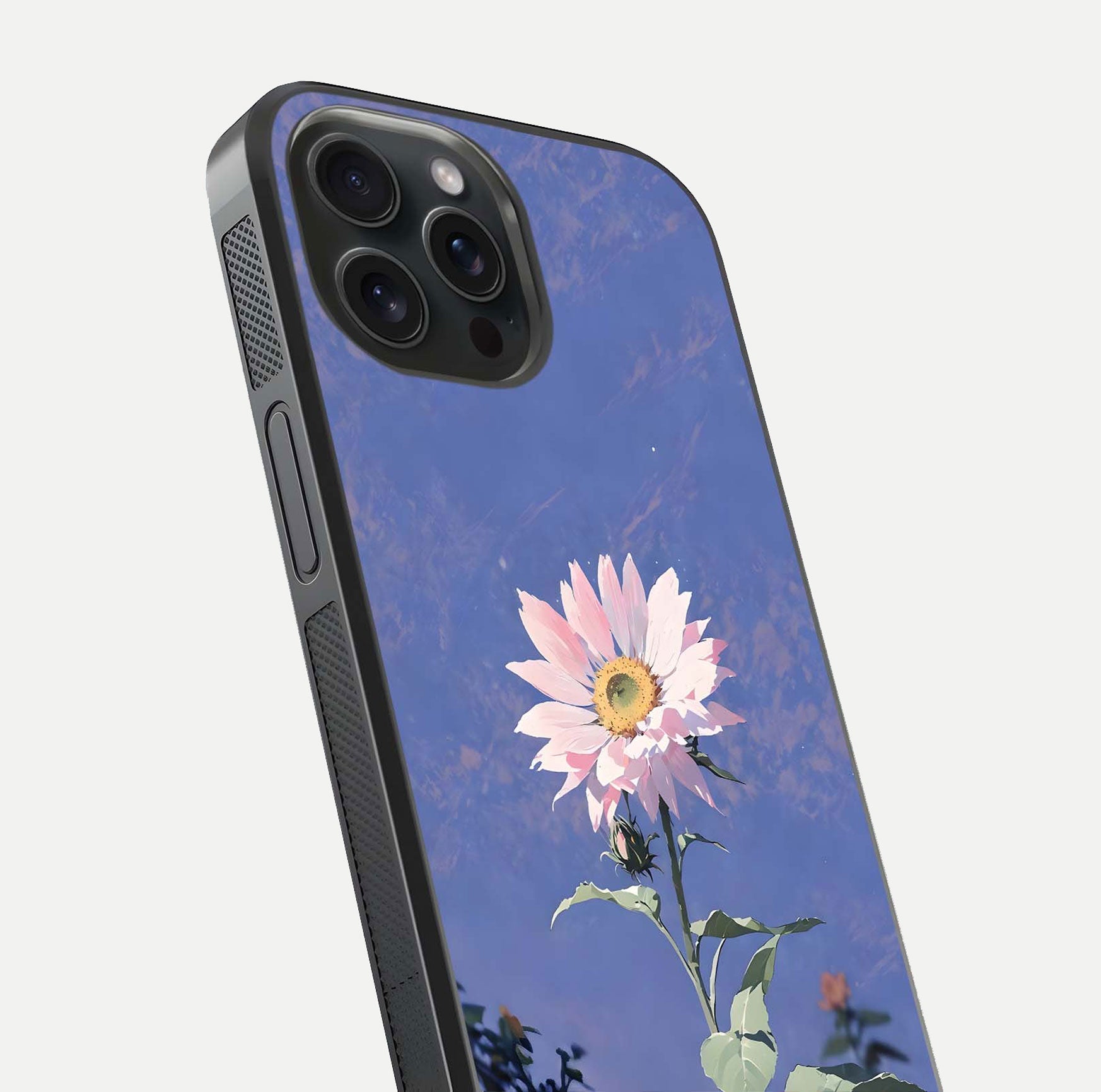 Pink Sunflower Glow Glass Case for iPhone 15 Pro close-up angled shot highlighting petal texture and reflection