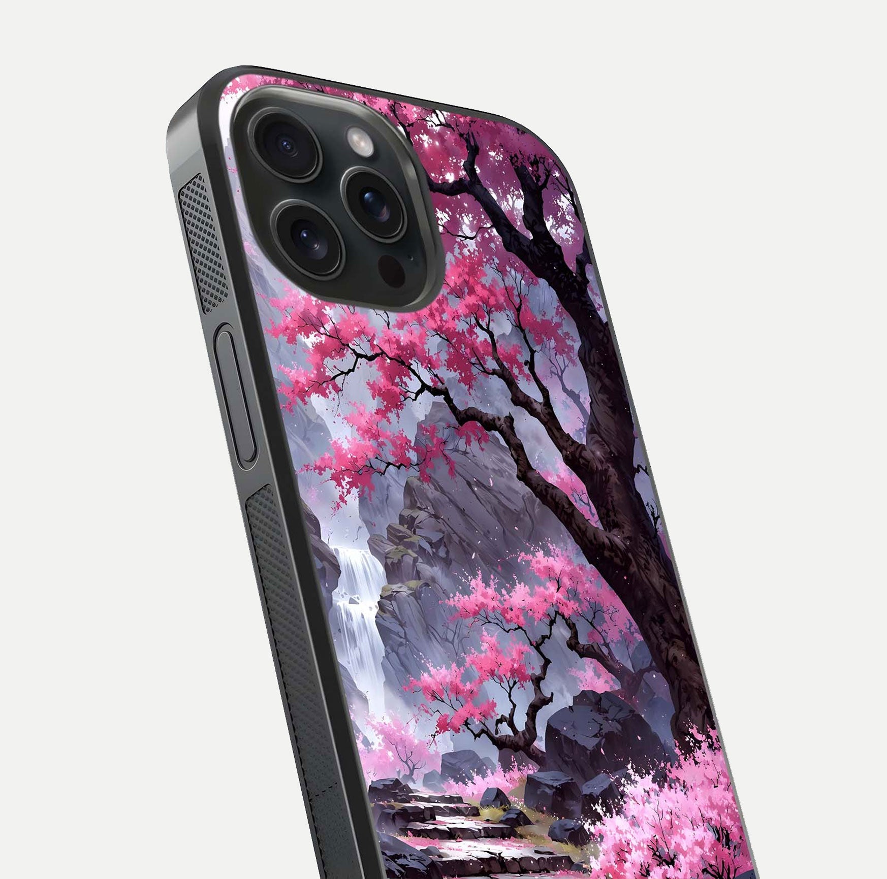 Pinkish Scenery Glass Case for iPhone 15 Pro close-up angled shot showing reflection and gradient color blend