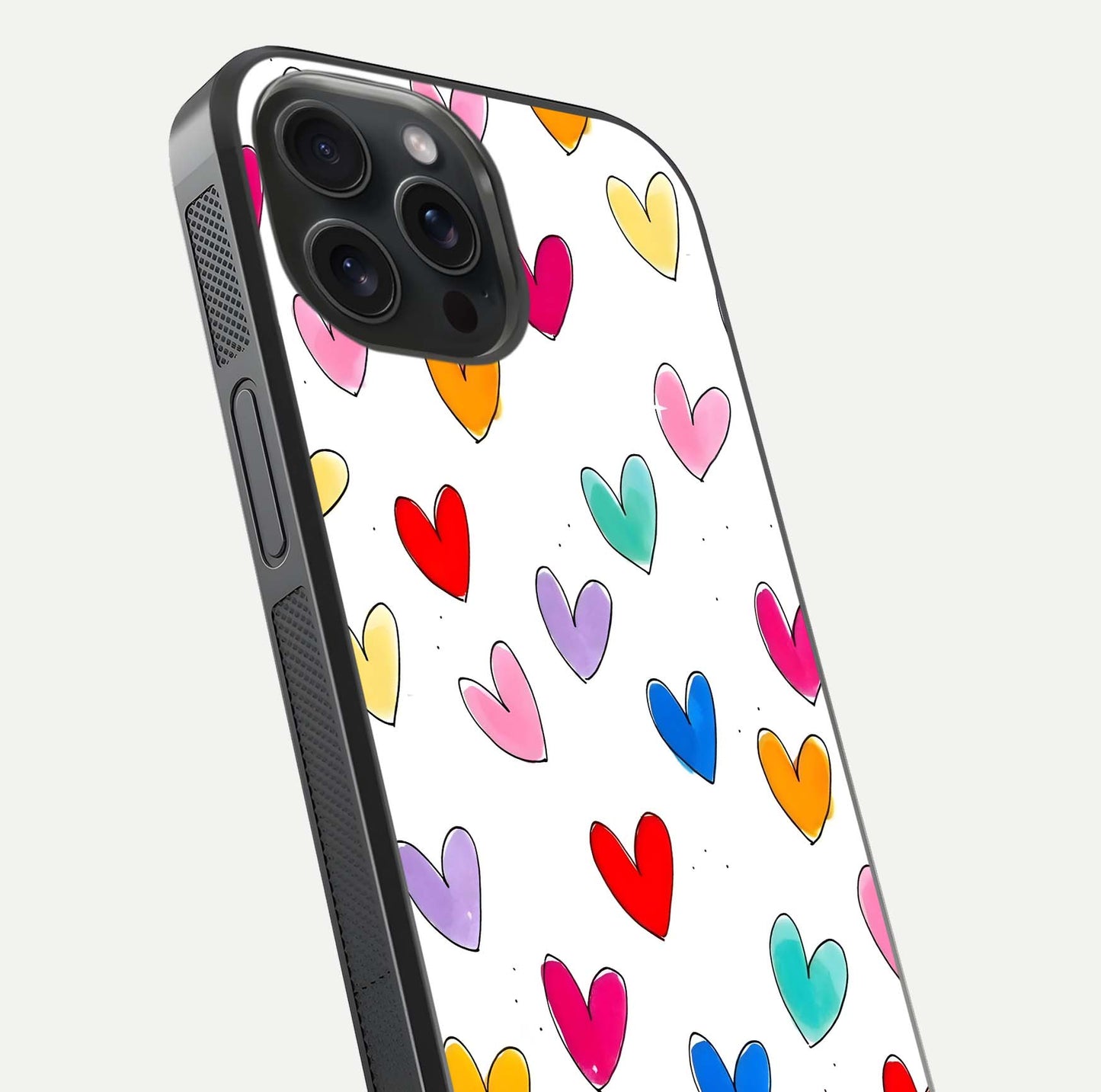 Playful Love Doodles iPhone 15 Pro glass phone case angled back view highlighting doodle artwork and textured grip edges