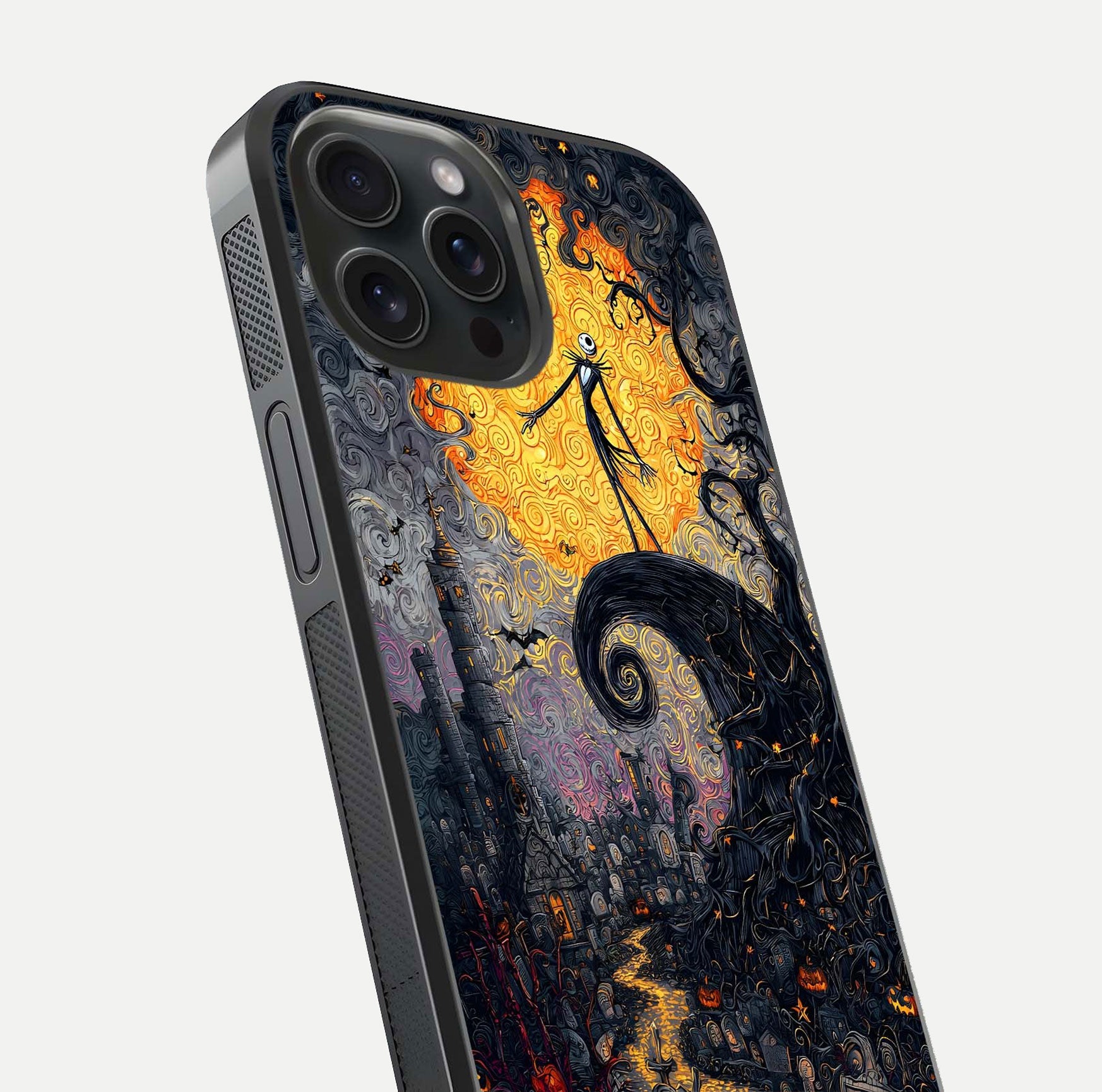 Pumpkin Moon Night Glass Case for iPhone 15 Pro close-up angled shot showing moon reflection and Halloween glow