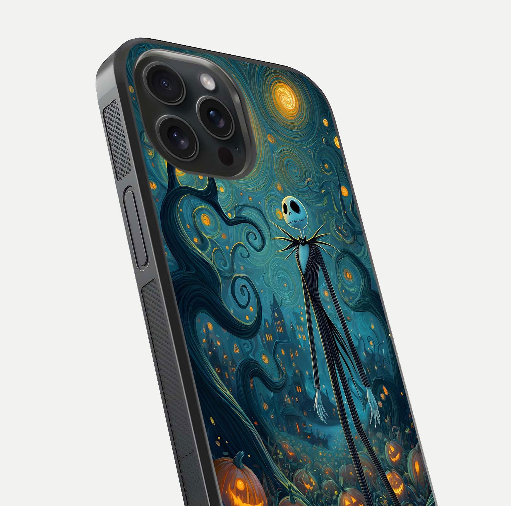 Pumpkin Moonlight Tale Glass Case for iPhone 15 Pro close-up angled shot highlighting reflection and vibrant glow