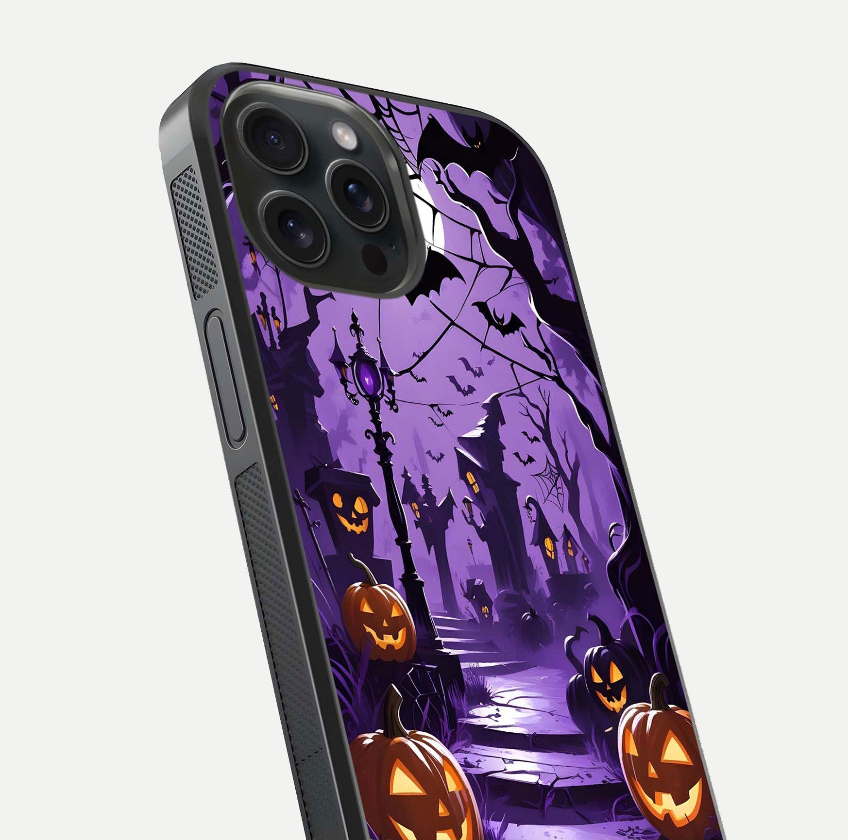 Pumpkin Patch Halloween Glass Case for iPhone 15 Pro close-up angled shot highlighting pumpkin texture and shine