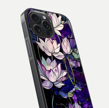 Purple Lotus Pattern Glass Case for iPhone 15 Pro close-up angled shot showing petal texture and HD reflection