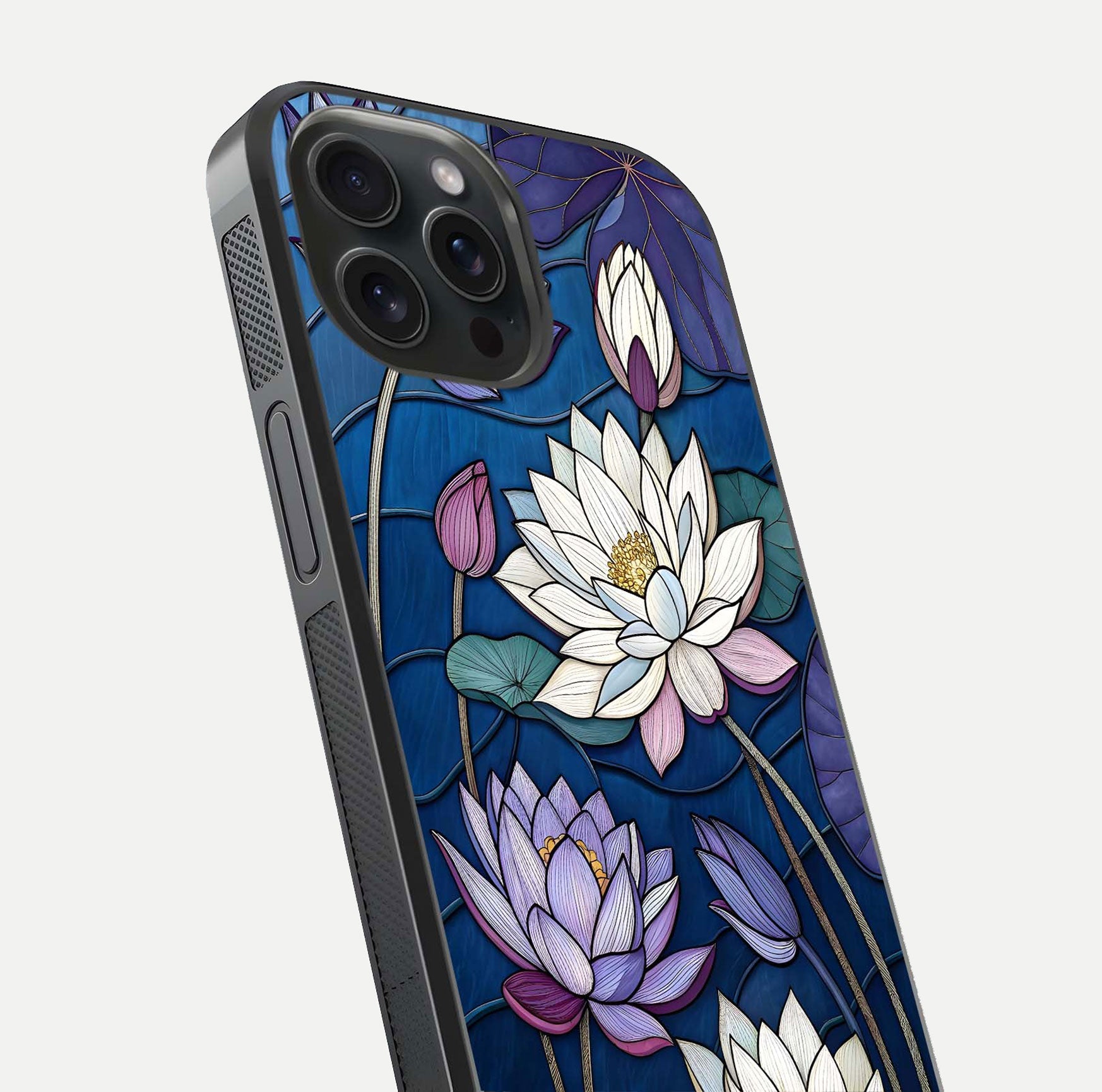 Purple Lotus Stained Glass Case for iPhone 15 Pro close-up angled shot highlighting glass pattern and reflection