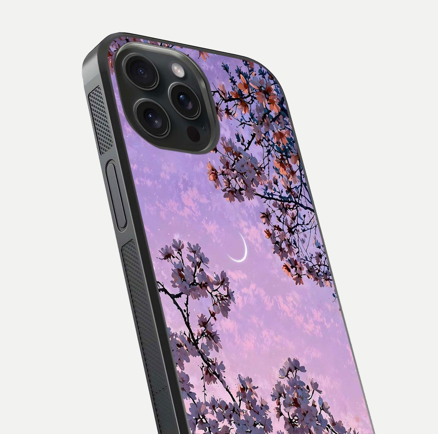 Purple Serenity Moon Glass Case for iPhone 15 Pro close-up angled shot showing reflection and gradient purple hues