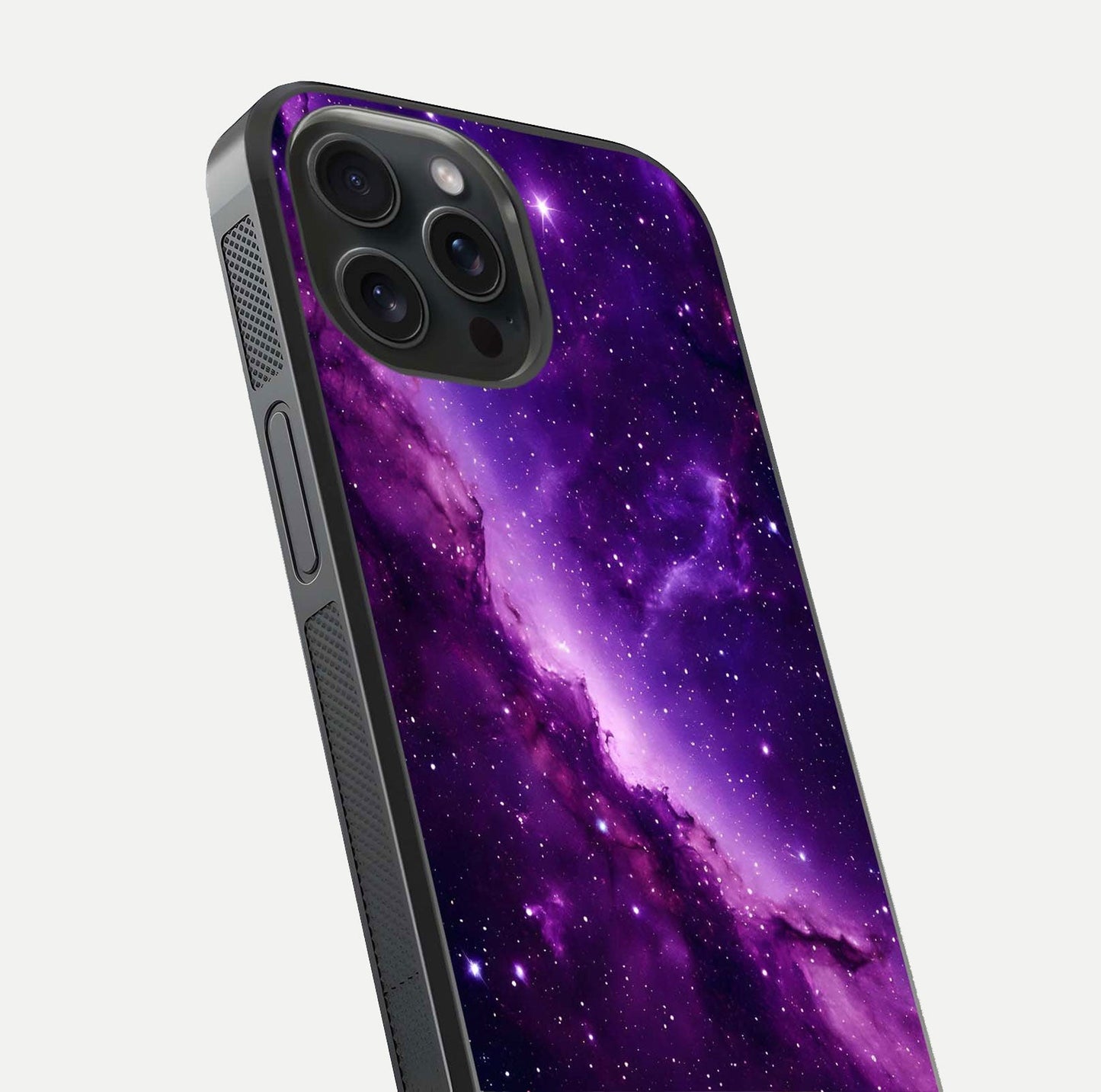 Purple Shade Sky Glass Case for iPhone 15 Pro close-up angled shot highlighting color gradient and reflection