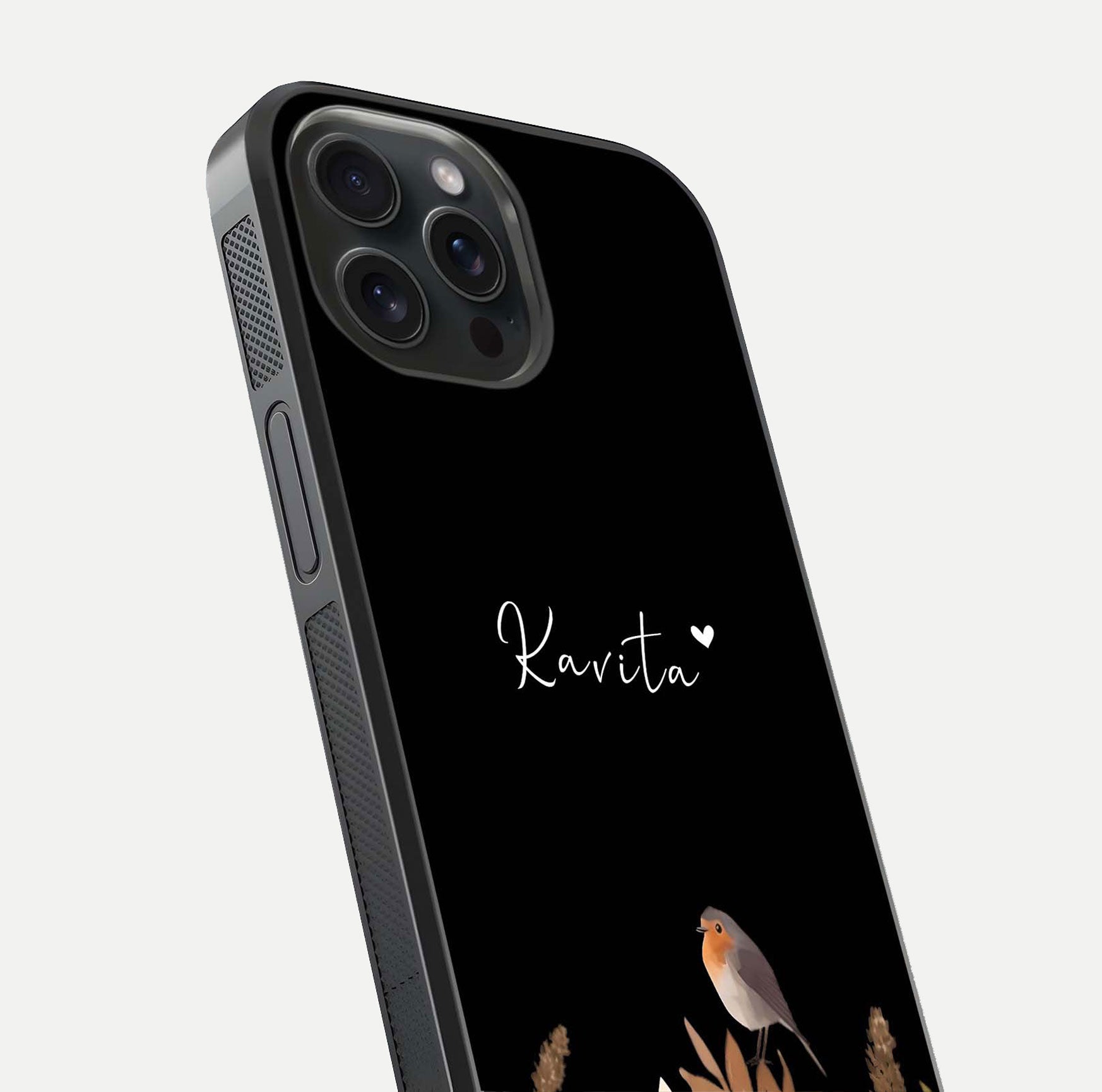 Quiet Garden Tune Custom Name Glass Case for iPhone 15 Pro close-up angled shot showing soft tones and gloss reflection
