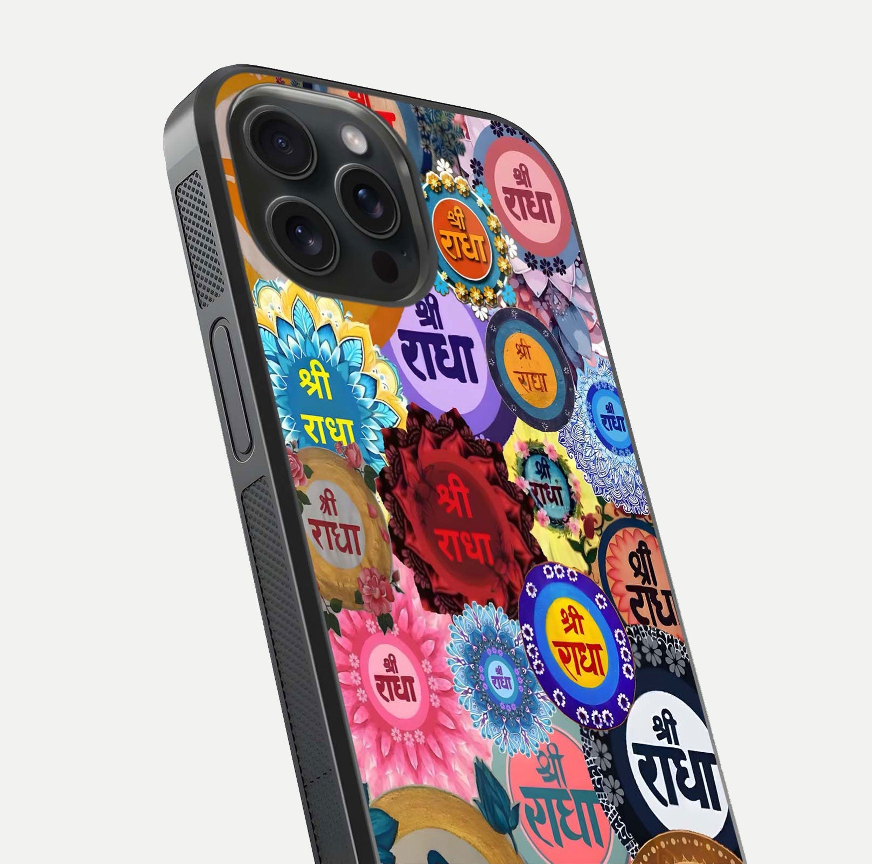 Radha Divine Bloom Glass Case for iPhone 15 Pro close-up angled shot highlighting divine detailing and shine