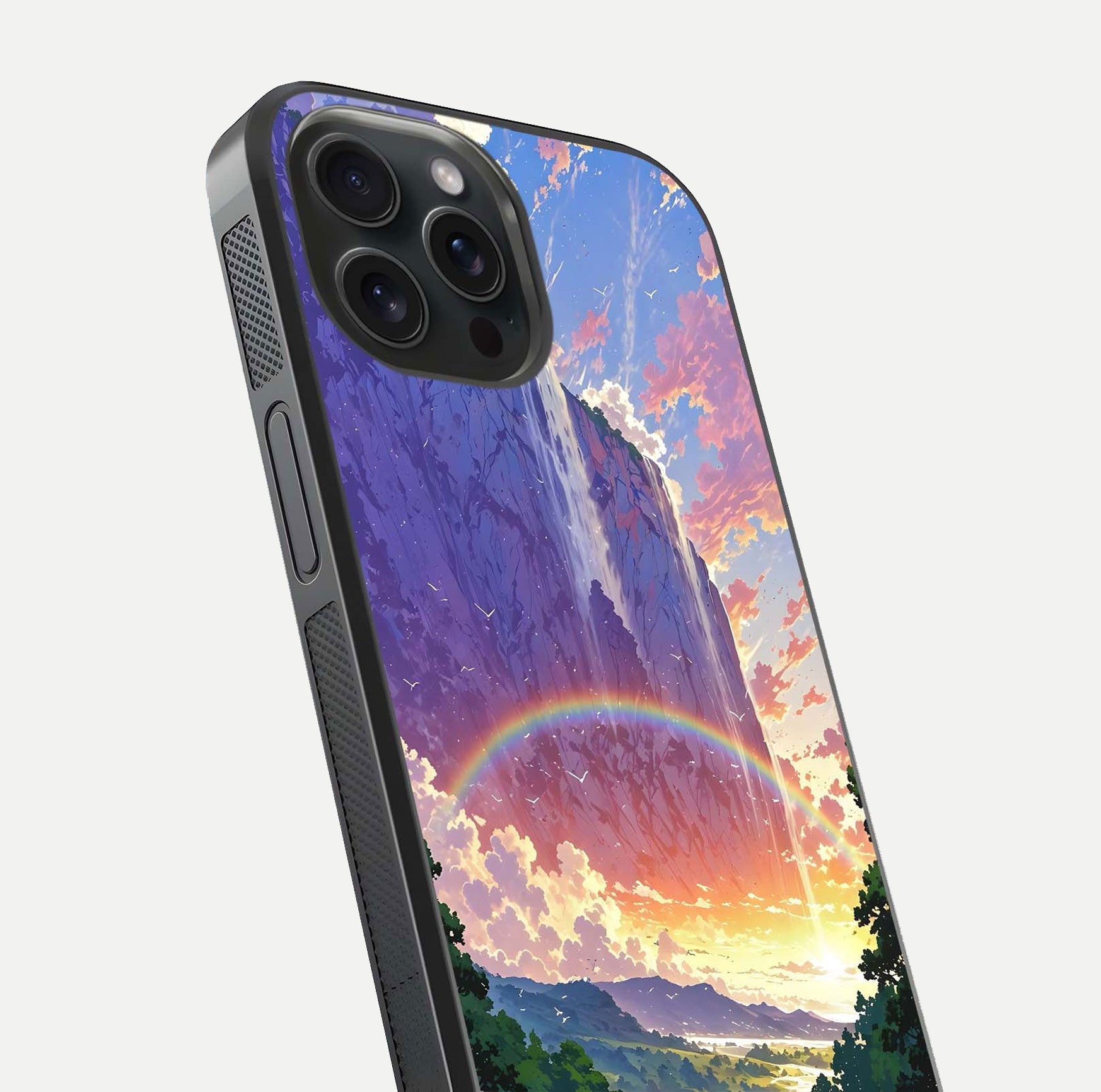 Rainbow Valley Dream Glass Case for iPhone 15 Pro close-up angled shot highlighting gradient tones and HD shine