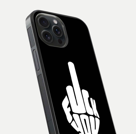 Rebel Mode On Glass Case for iPhone 15 Pro close-up angled shot highlighting reflective text and sharp design