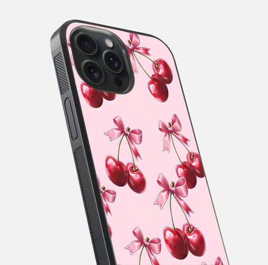 Red Cherries Pattern Glass Case for iPhone 15 Pro close-up angled shot showing cherry details and HD reflection