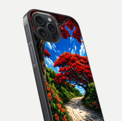 Red Trees Pathway Glass Case for iPhone 15 Pro close-up angled shot highlighting forest detail and reflection