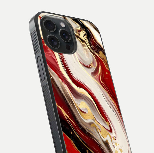 Red & White Marble Glass Case for iPhone 15 Pro close-up angled shot highlighting fine marble veins and reflection