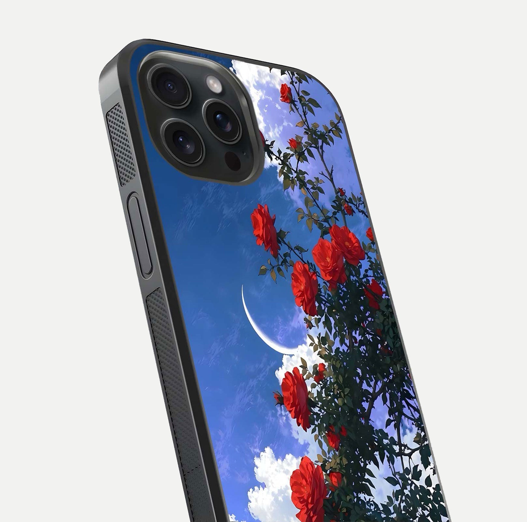 Rose Drift Flowers Glass Case for iPhone 15 Pro close-up angled shot highlighting floral texture and reflection