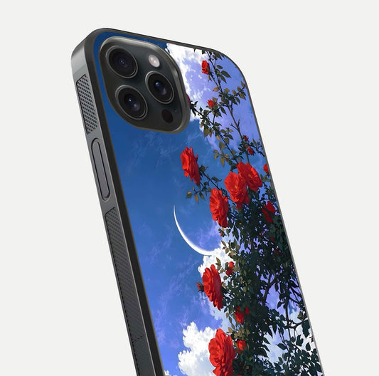 Rose Drift Flowers Glass Case for iPhone 15 Pro close-up angled shot highlighting floral texture and reflection