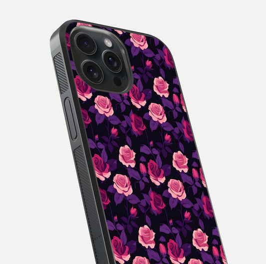 Rose Garden Twilight Glass Case for iPhone 15 Pro close-up angled shot highlighting rose contrast and reflection