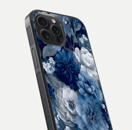 Royal Bloom Garden Glass Case for iPhone 15 Pro close-up angled shot highlighting royal bloom texture and reflection