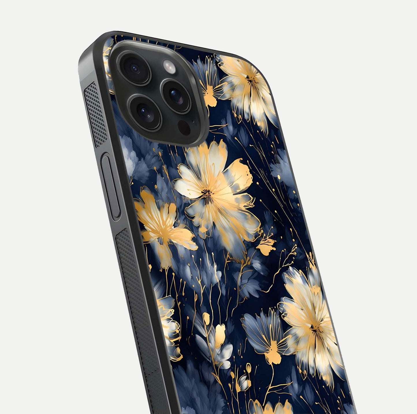 Royal Petal Dream Glass Case for iPhone 15 Pro close-up angled shot highlighting petal texture and reflection depth