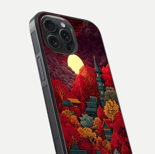 Scarlet Autumn Temple Glass Case for iPhone 15 Pro close-up angled shot highlighting golden leaves and reflection