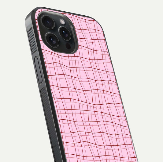 Soft Grid Bliss iPhone 15 Pro glass phone case angled back view highlighting grid artwork and side grip texture