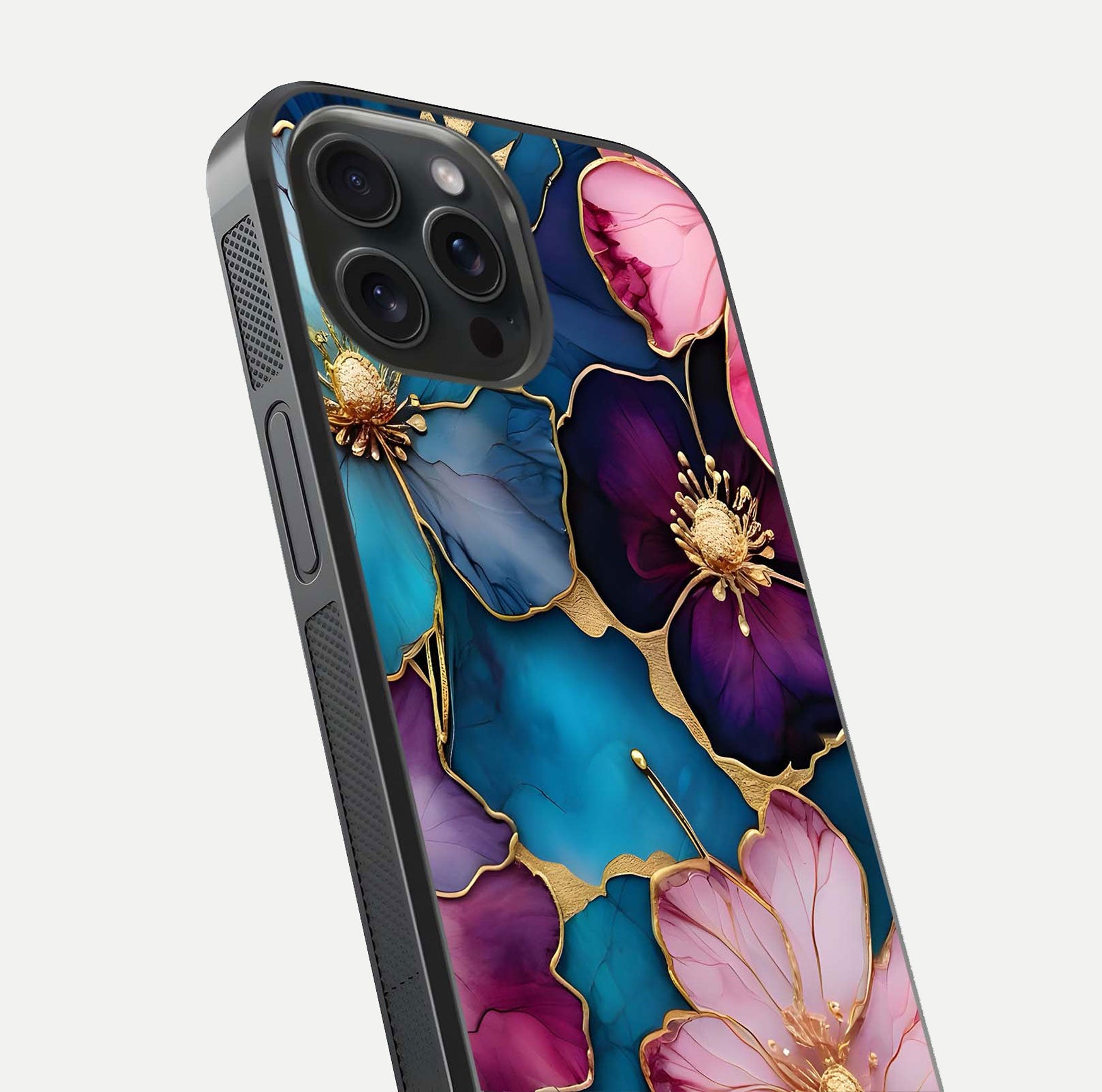 Sparkle Floral Glass Case for iPhone 15 Pro close-up angled shot highlighting shimmer details and reflection