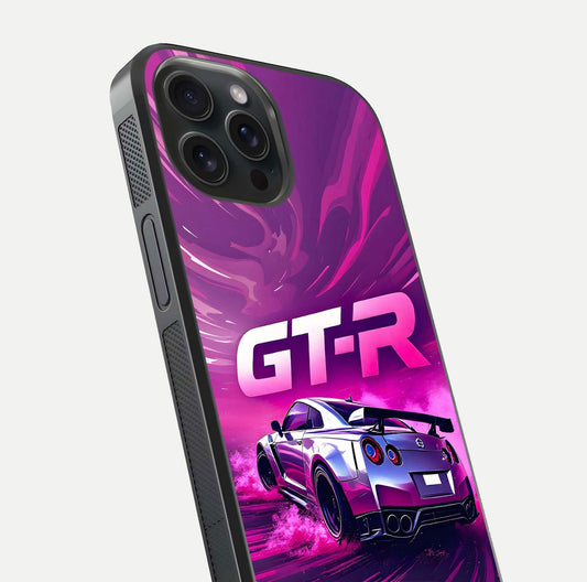 Speed Drift Legend Glass Case for iPhone 15 Pro close-up angled shot highlighting speed lines and reflection