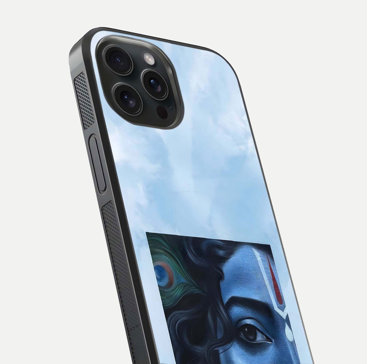 Spiritual Krishna Glass Case for iPhone 15 Pro close-up angled shot showing HD print, color tone, and reflection