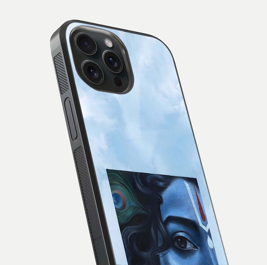 Spiritual Krishna Glass Case for iPhone 15 Pro close-up angled shot showing HD print, color tone, and reflection