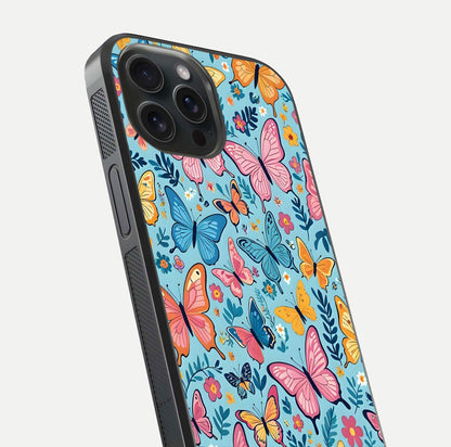 Spring Wing Garden Glass Case for iPhone 15 Pro close-up angled shot highlighting petal details and reflection