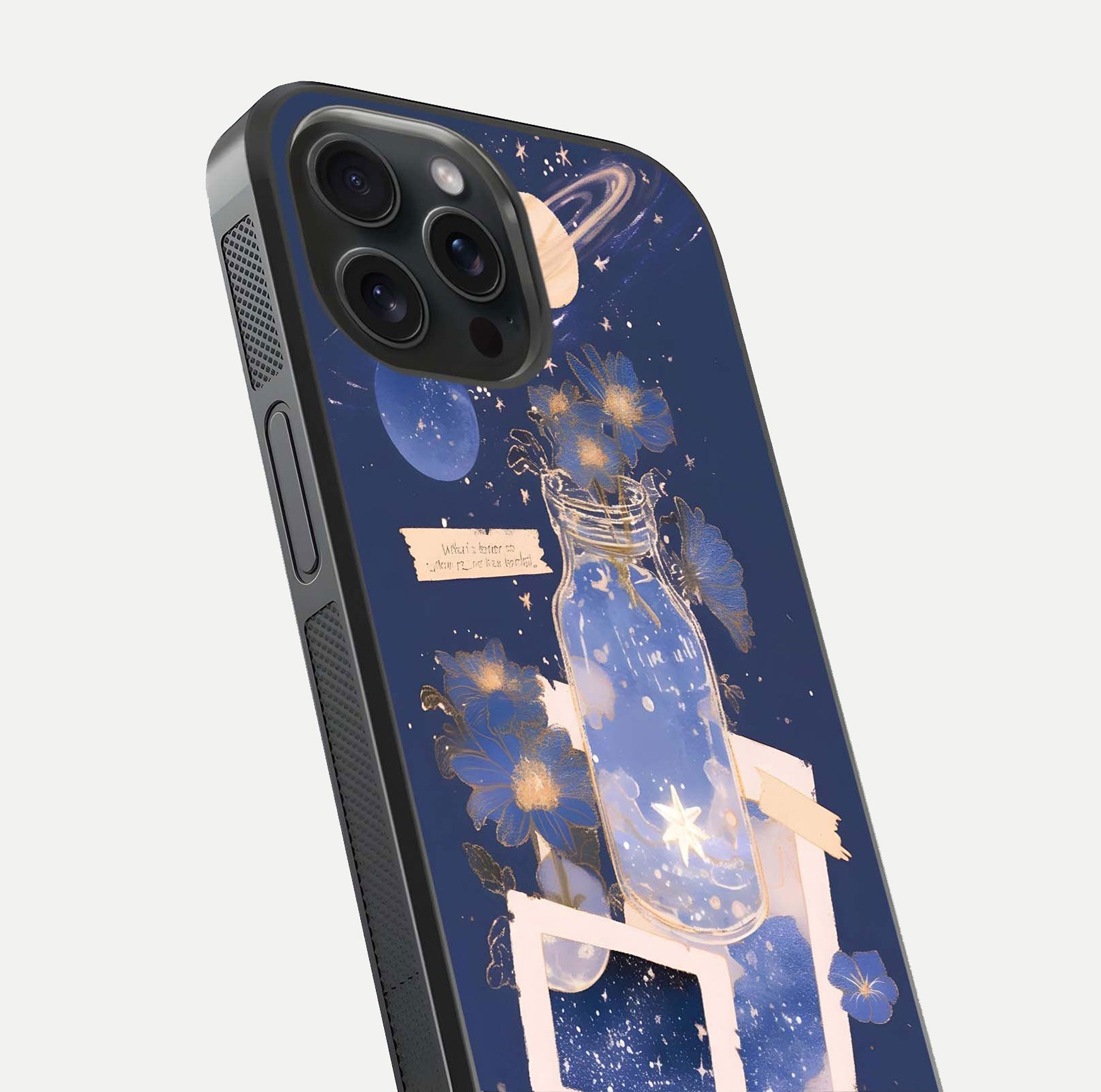 Starlit Cosmic Jar Glass Case for iPhone 15 Pro close-up angled shot highlighting stars, reflections, and HD shine