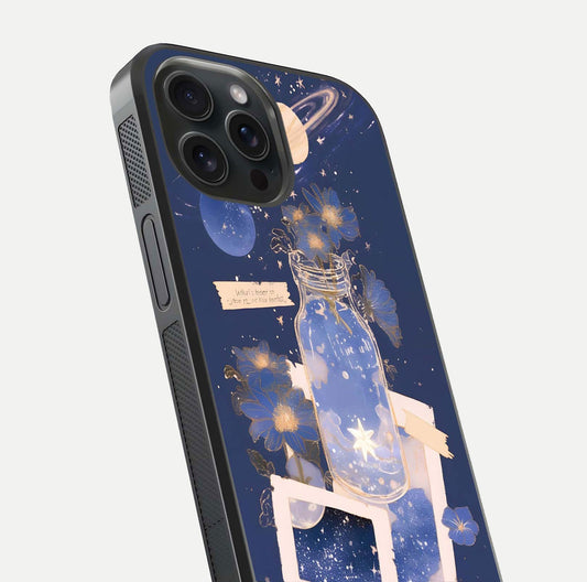 Starlit Cosmic Jar Glass Case for iPhone 15 Pro close-up angled shot highlighting stars, reflections, and HD shine