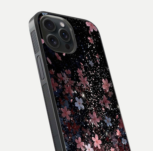 Starlit Flower Dreams Glass Case for iPhone 15 Pro close-up angled shot highlighting petal reflection and HD depth