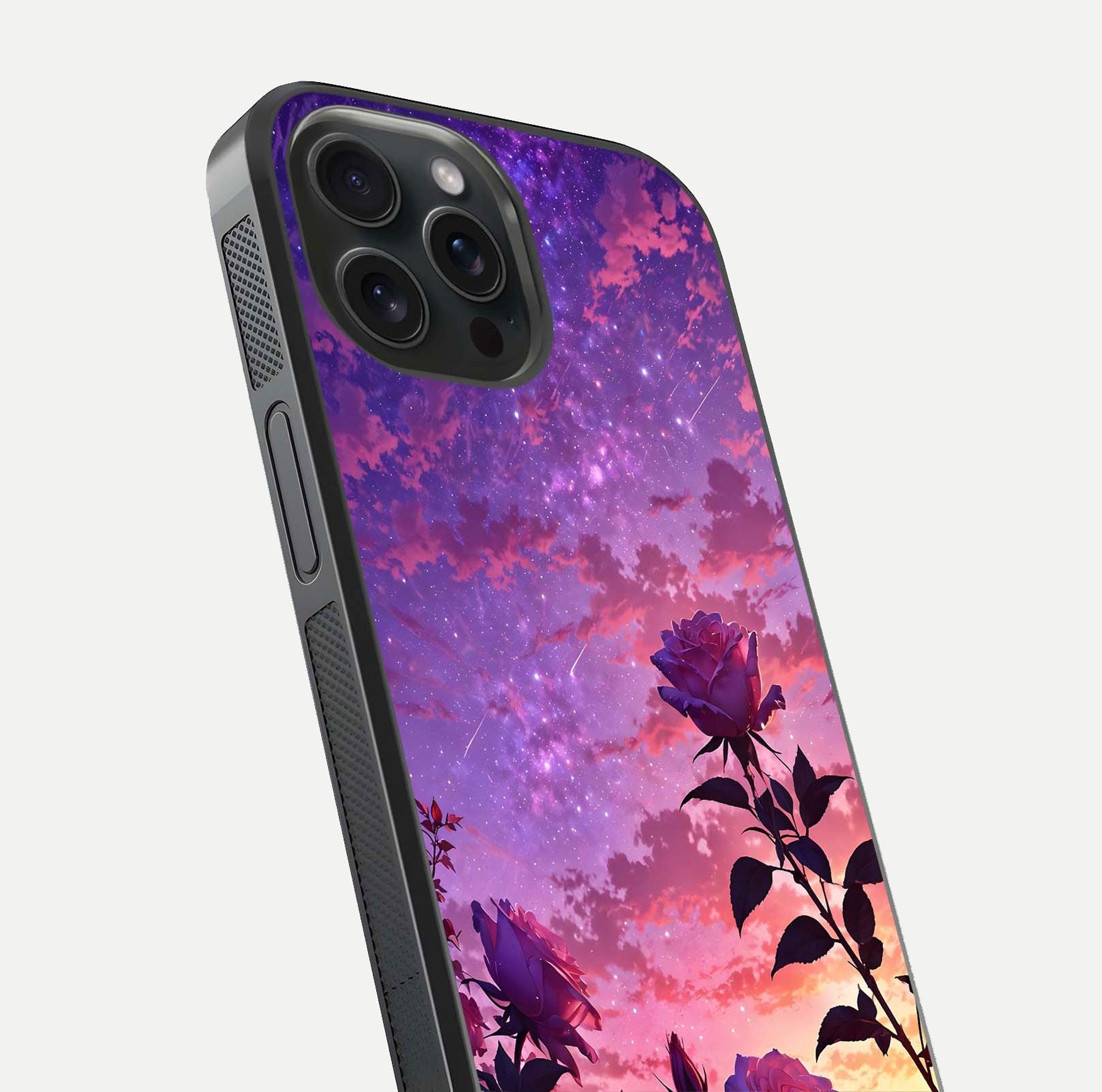 Starlit Rose Twilight Glass Case for iPhone 15 Pro close-up angled shot highlighting rose detail and reflection
