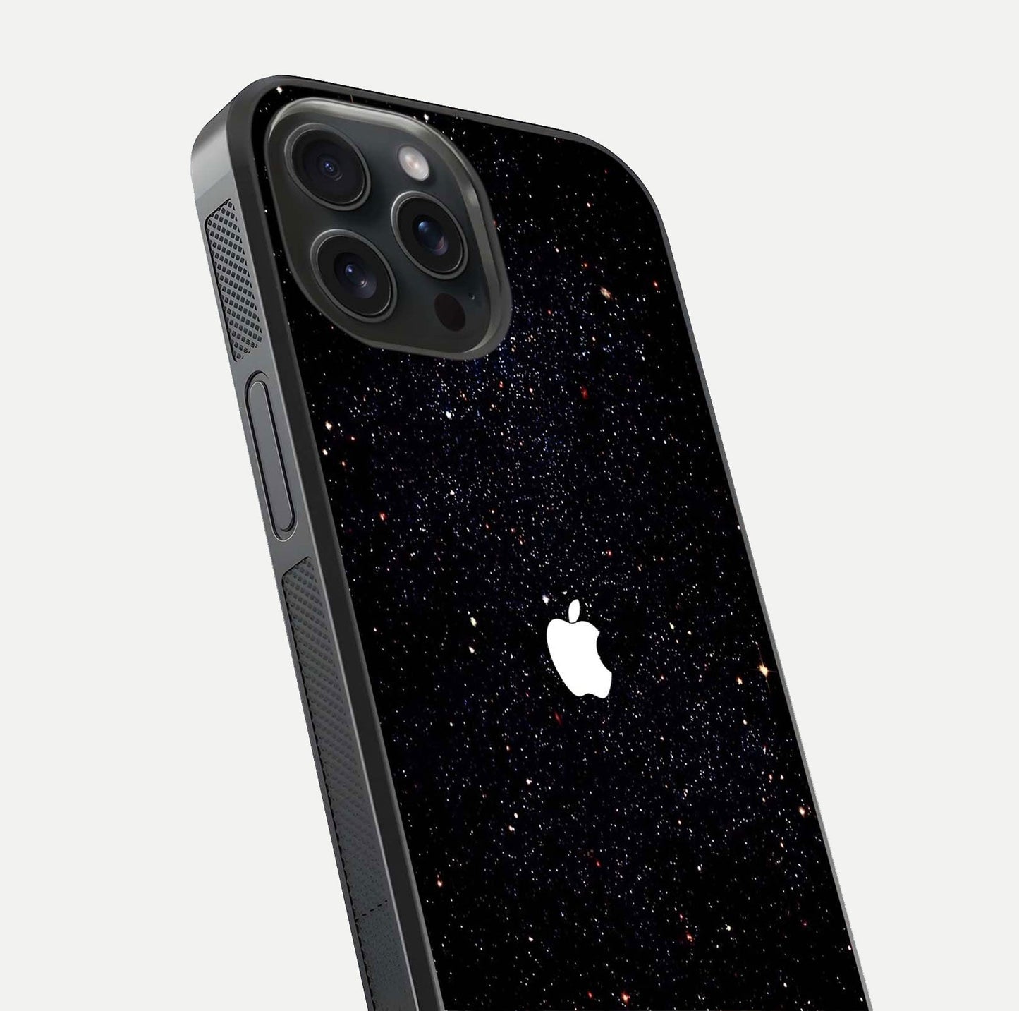 Starry Apple Galaxy Glass Case for iPhone 15 Pro close-up angled shot highlighting star details and gloss