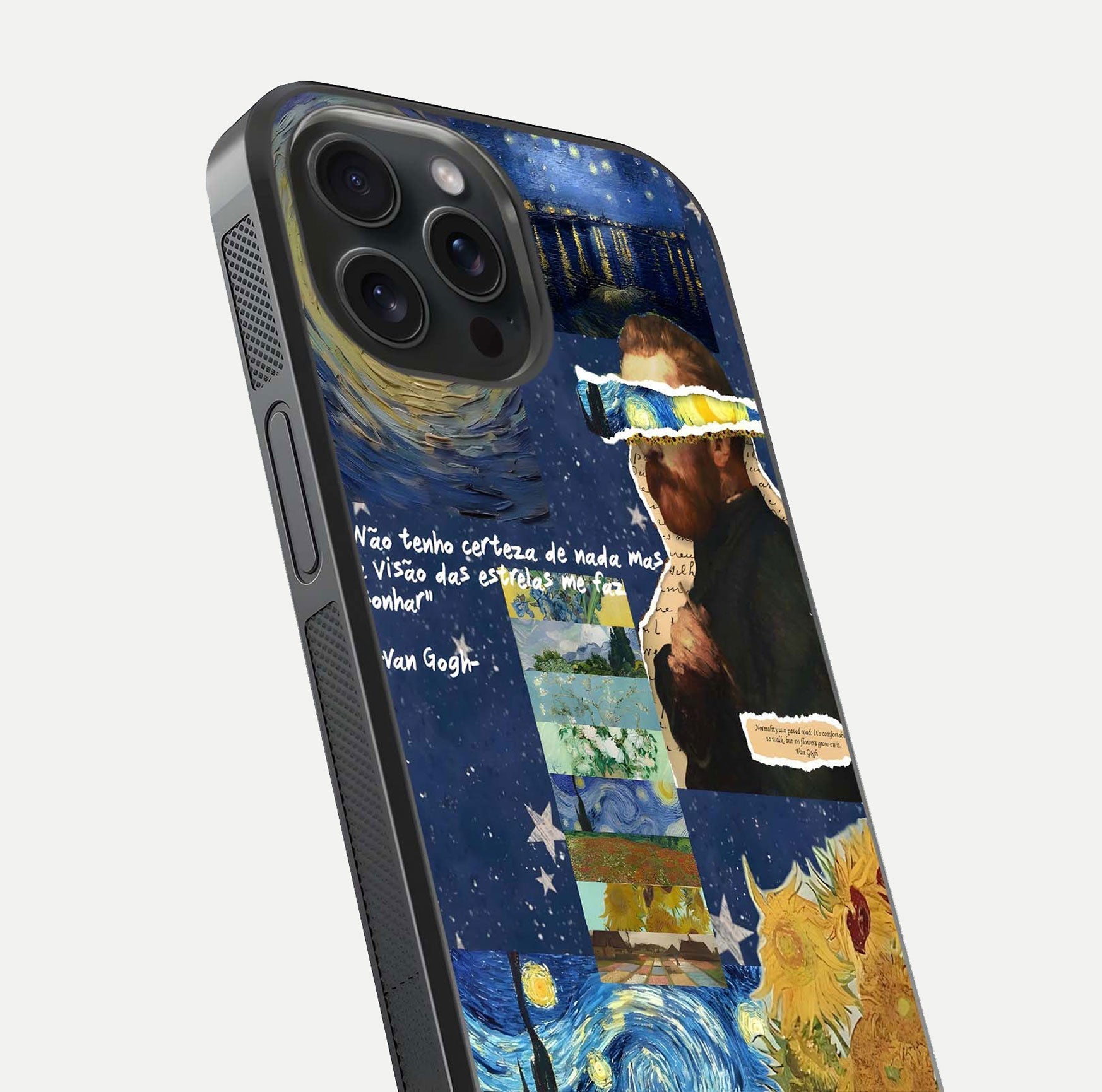 Starry Dream Vision Glass Case for iPhone 15 Pro close-up angled shot highlighting cosmic light and reflection