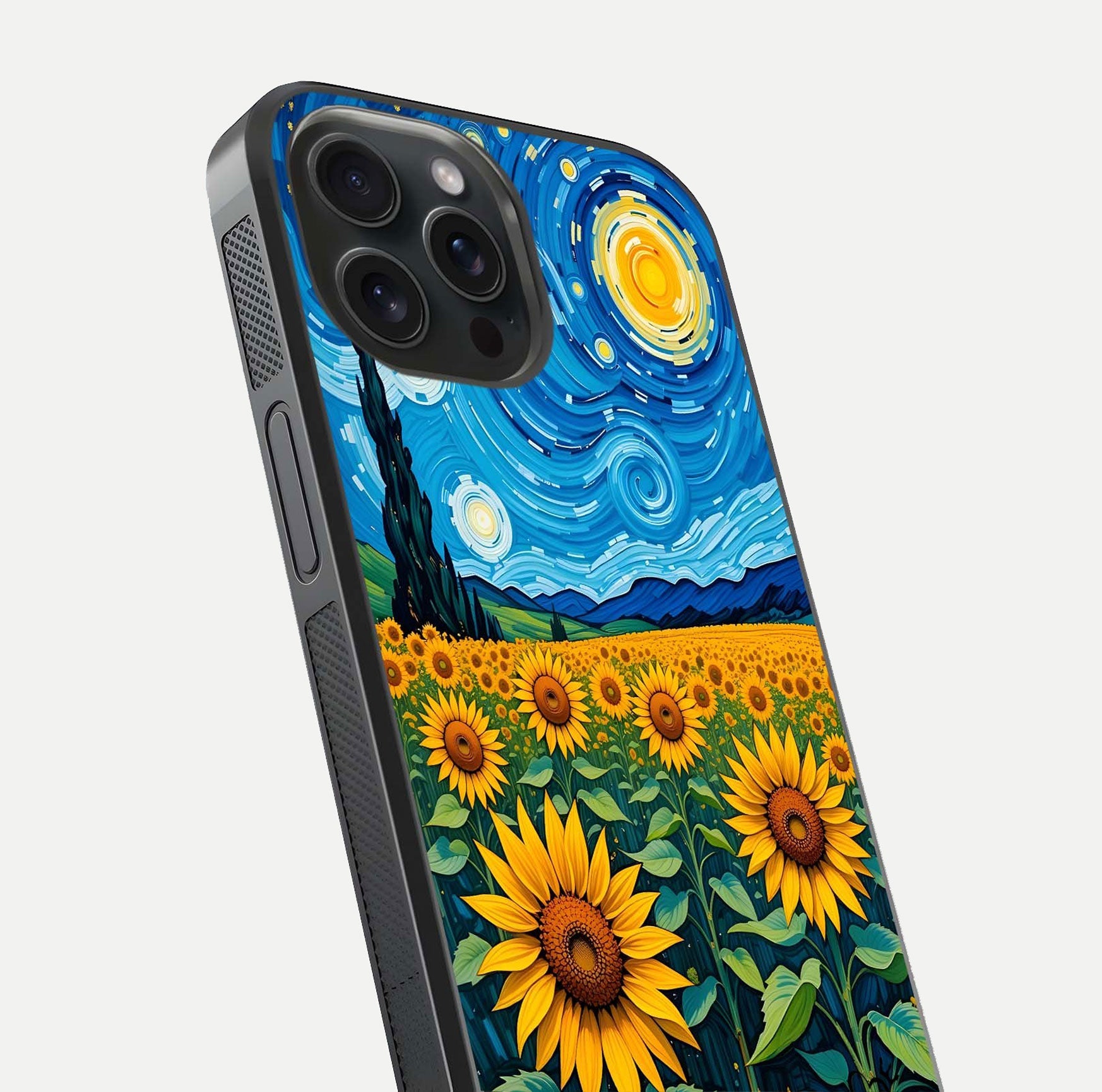 Starry Sunflower Dreams Glass Case for iPhone 15 Pro close-up angled shot highlighting petal texture and gloss