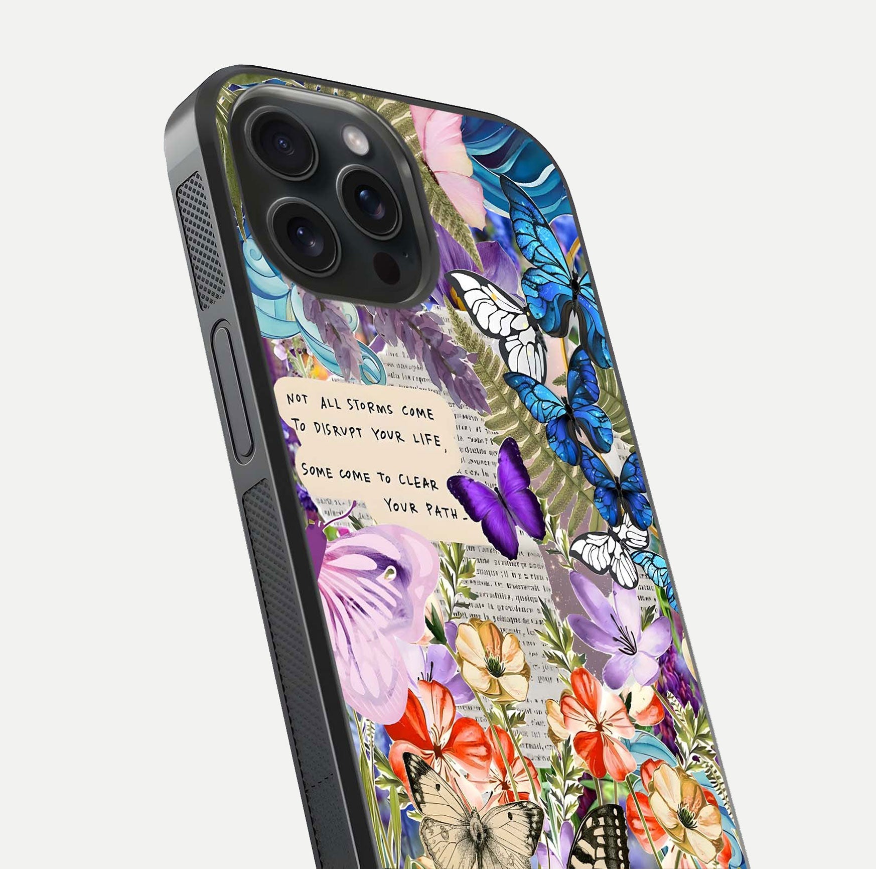 Storm Path Bloom Glass Case for iPhone 15 Pro close-up angled shot highlighting bloom texture and reflection