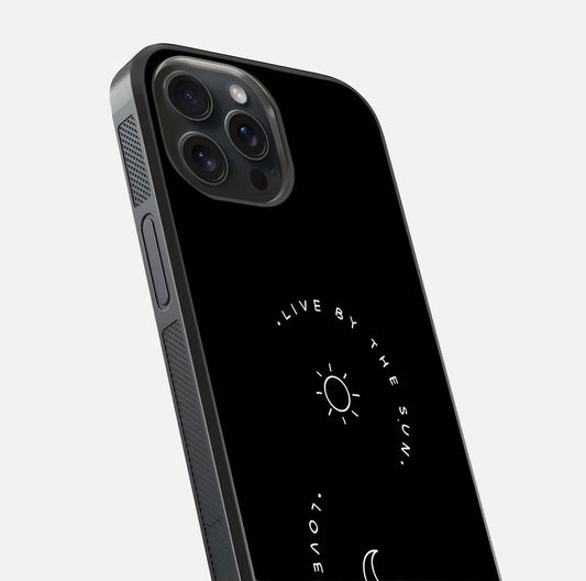 Sun Moon Balance Glass Case for iPhone 15 Pro close-up angled shot highlighting cosmic art and HD reflection