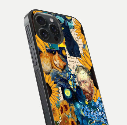 Sunflower Cat Art Glass Case for iPhone 15 Pro close-up angled shot highlighting yellow tones and art reflection