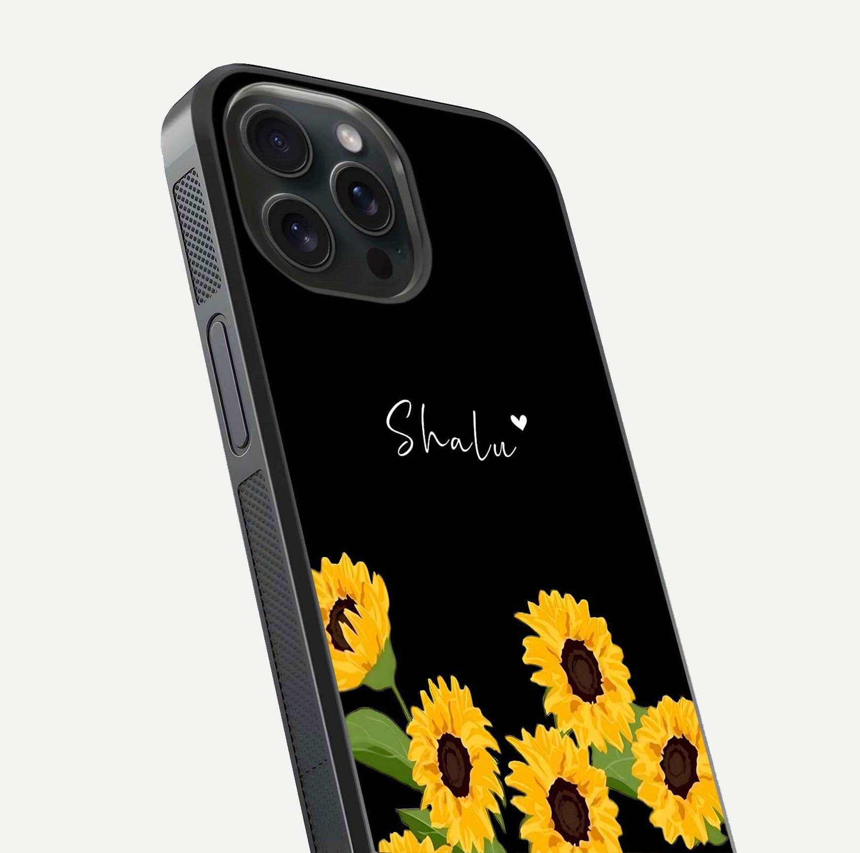 Sunflower Chic Mood Custom Name Glass Case for iPhone 15 Pro close-up angled shot showing HD sunflower pattern